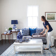 Eve Blue Rug styled in a Hamptons living room with blue and white coastal décor