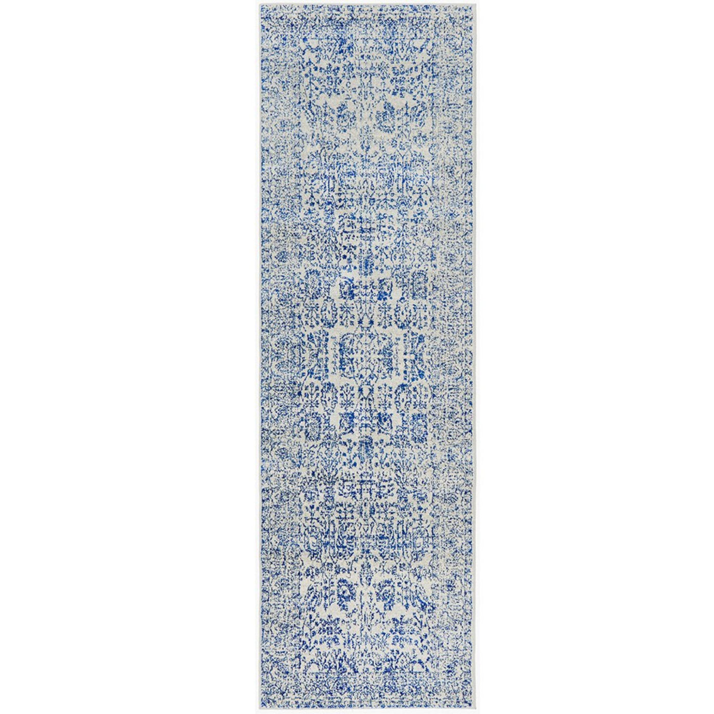 Eve Blue Runner 300 x 80cm with distressed azure blue floral pattern on a soft neutral ground