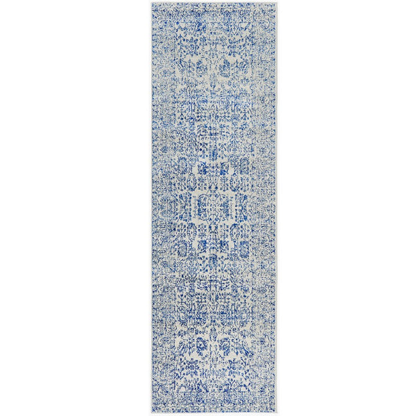 Eve Blue Runner 300 x 80cm with distressed azure blue floral pattern on a soft neutral ground