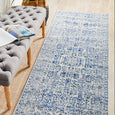 Eve Blue Runner styled in a light hallway beside a grey upholstered bench