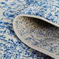 Eve Blue Runner folded to show polypropylene pile, bound edge and woven backing