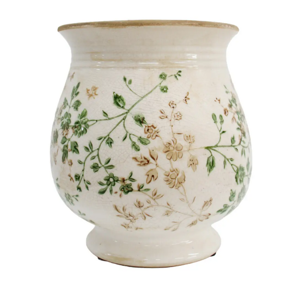Evergreen ceramic planter vase with delicate green botanical design and rustic aged ivory crackle finish.