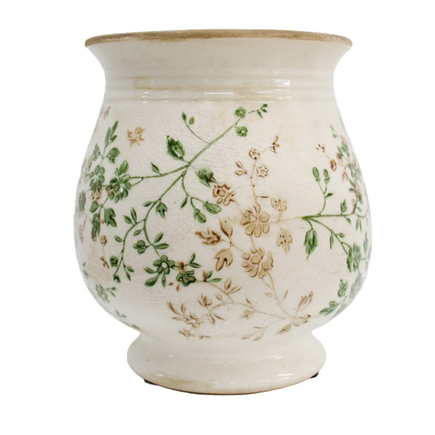 Evergreen ceramic planter vase with delicate green botanical design and rustic aged ivory crackle finish.