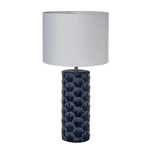 Fan shell table lamp in coastal blue creating a calm Hamptons-style ambience