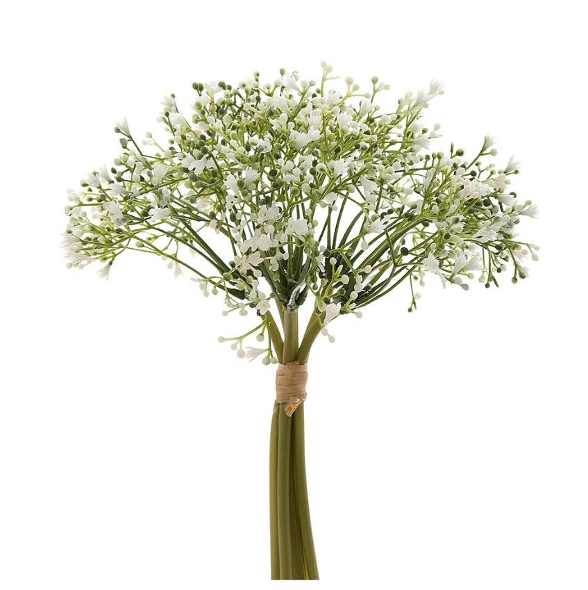 Lifelike faux baby’s breath bouquet with delicate white flowers on long green stems styled in a vase