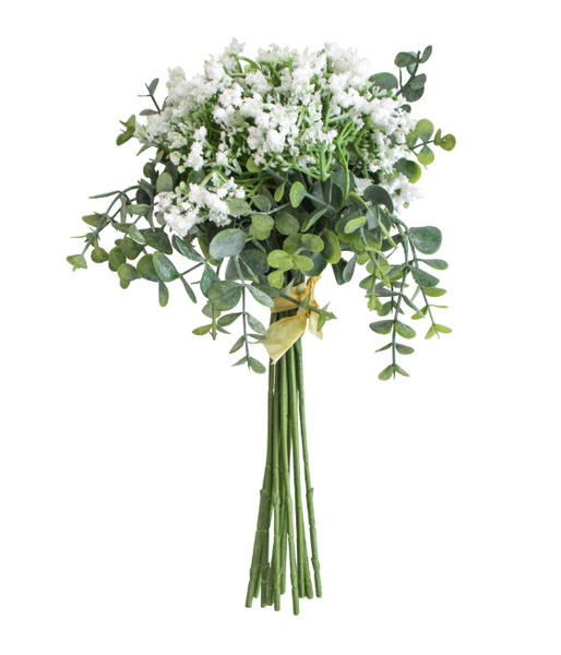 Faux eucalyptus and baby’s breath floral bunch with green foliage and white blooms