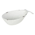White cast iron whale-shaped decorative dish with distressed finish for coastal shelf and tabletop styling.