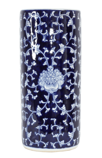 Fleur Umbrella Stand 45cm featuring an intricate blue and white floral vine pattern on a decorative ceramic umbrella holder.