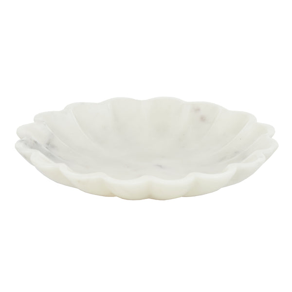 A white marble bowl with a grey vein, 30cm in diameter and 5.5cm in height, displayed on a plain background.