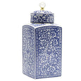 Blue and white floral ceramic canister with decorative lid and crystal-look finial, inspired by classic chinoiserie styling.