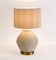 Textured white sandstone concrete table lamp with natural linen shade