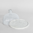 Small glass cloche with marble base shown open with dome removed
