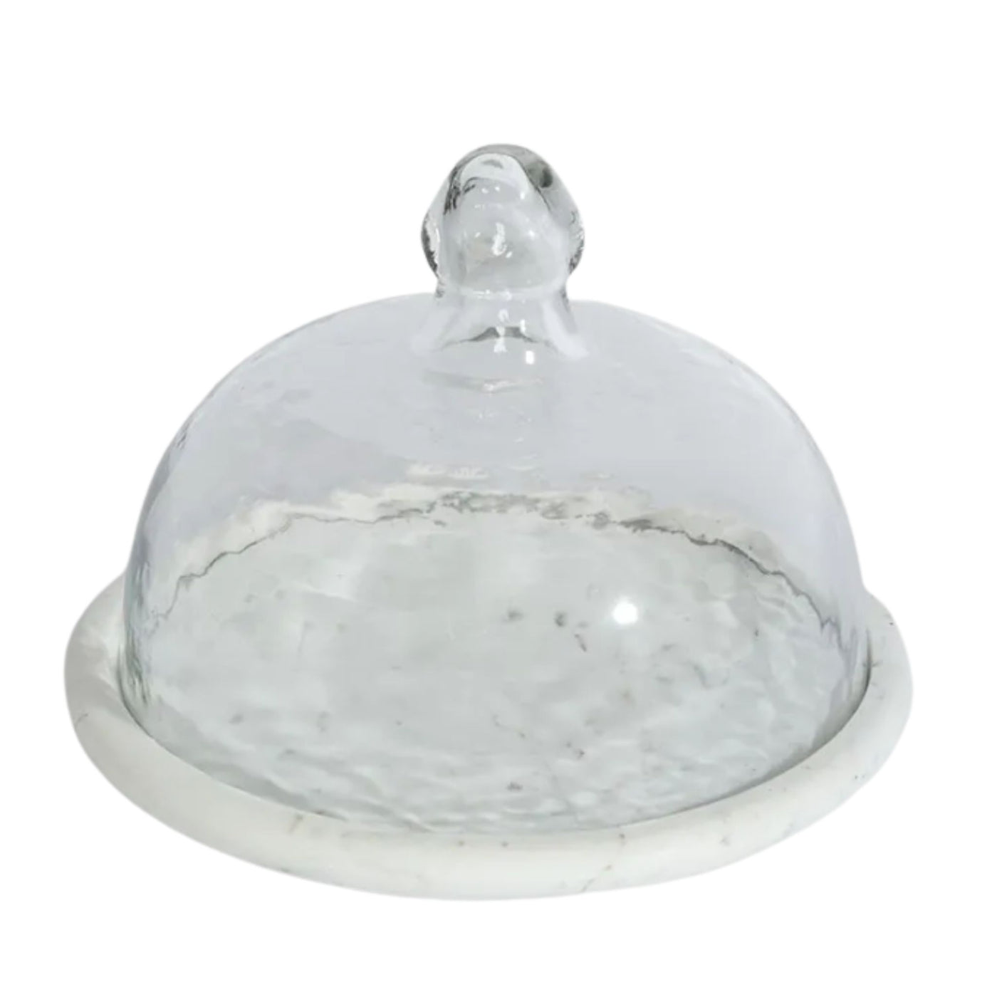 Glass cloche with white marble base on white background