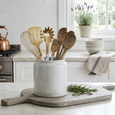 Franco Rustic White Utensil Holder displayed on a timber board holding wooden spoons and kitchen utensils in a bright Hamptons-style kitchen.