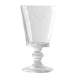 Clear glass wine goblet with embossed French bee detail and pedestal base