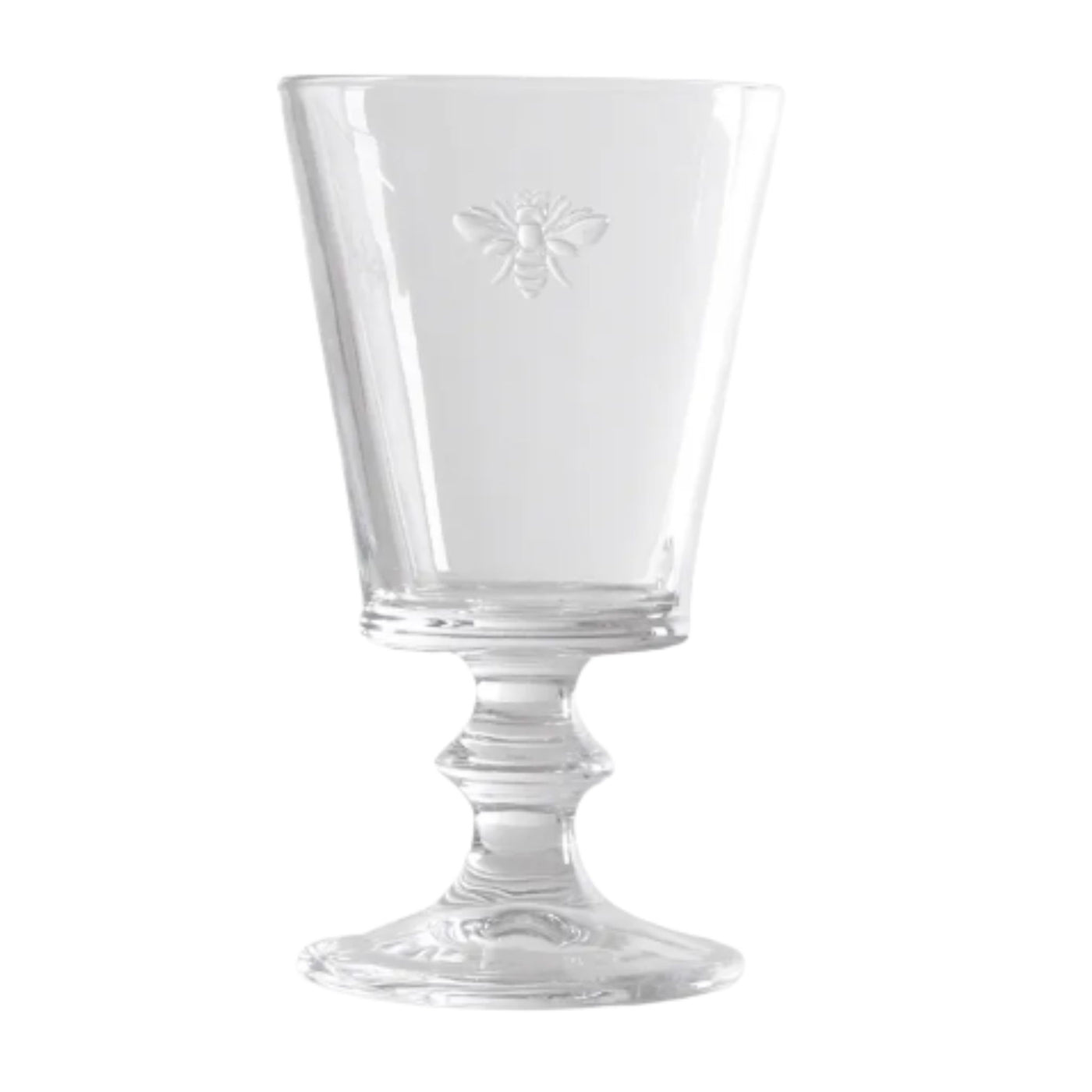 Clear glass wine goblet with embossed French bee detail and pedestal base