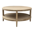 Angled view of the French Contemporary Round Coffee Table showcasing weathered oak timber grain and two-tier design.