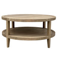 French Contemporary Round Coffee Table in weathered oak featuring a round solid oak top and practical lower storage shelf.