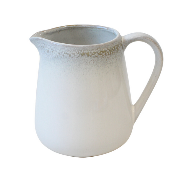 French Stoneware Jug 1.2L in soft cream and blue-grey reactive glaze with curved handle and pouring spout.
