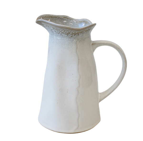 French Stoneware Jug 22cm in creamy off-white reactive glaze with natural stone-toned rim, curved handle and organic pouring spout.