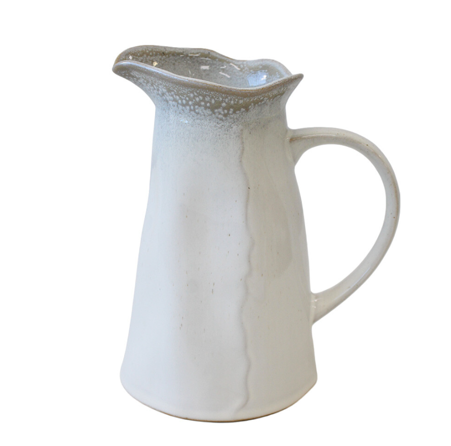 French Stoneware Jug 22cm in creamy off-white reactive glaze with natural stone-toned rim, curved handle and organic pouring spout.
