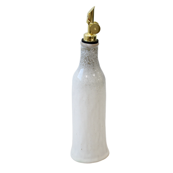 French Stoneware Oil & Vinegar Pourer  with creamy reactive glaze and elegant gold-tone pouring spout.