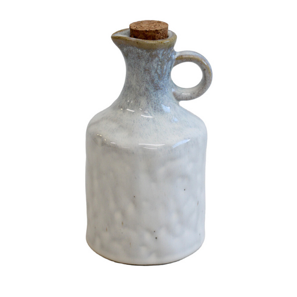 French Stoneware Oil & Vinegar Bottle with cream and soft blue-grey reactive glaze, side handle and natural cork stopper.