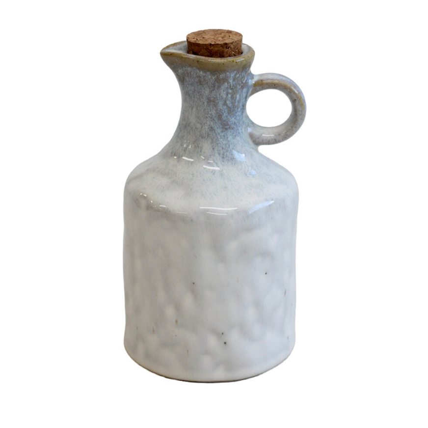 French Stoneware Oil & Vinegar Bottle with cream and soft blue-grey reactive glaze, side handle and natural cork stopper.