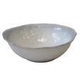 French Stoneware Serving Bowl 27cm with creamy off-white reactive glaze, blue-grey rim and organic artisan shape.