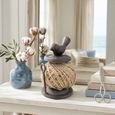 Garden Bird Twine Holder styled on a coastal console table beside a blue ceramic vase, decorative books and scissors, showcasing rustic farmhouse organisation and Hamptons-inspired décor.