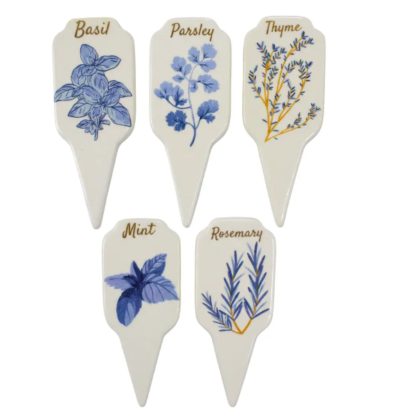 Set of five Botanical Blue garden herb stakes labelled Basil, Parsley, Thyme, Mint and Rosemary with blue botanical illustrations.