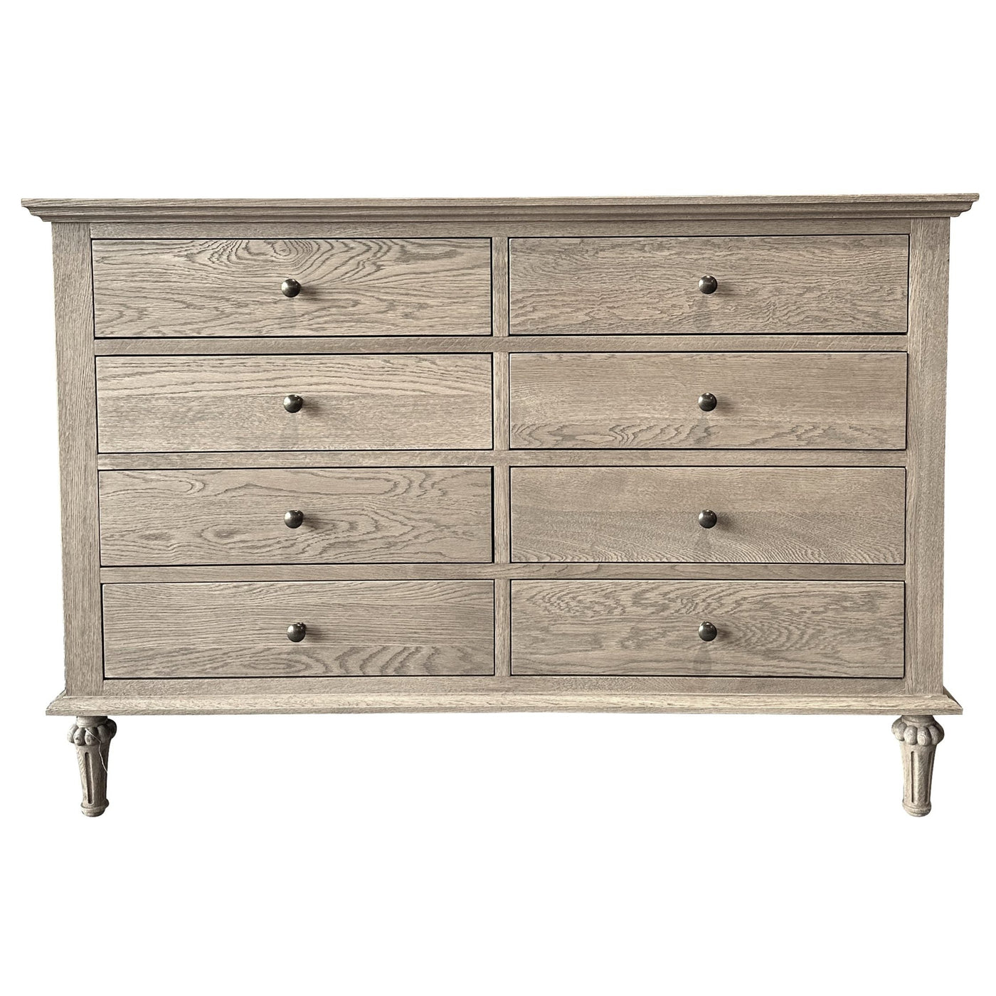 Georgia 8 Drawer Dresser in dark oak with eight drawers, round knobs and carved legs