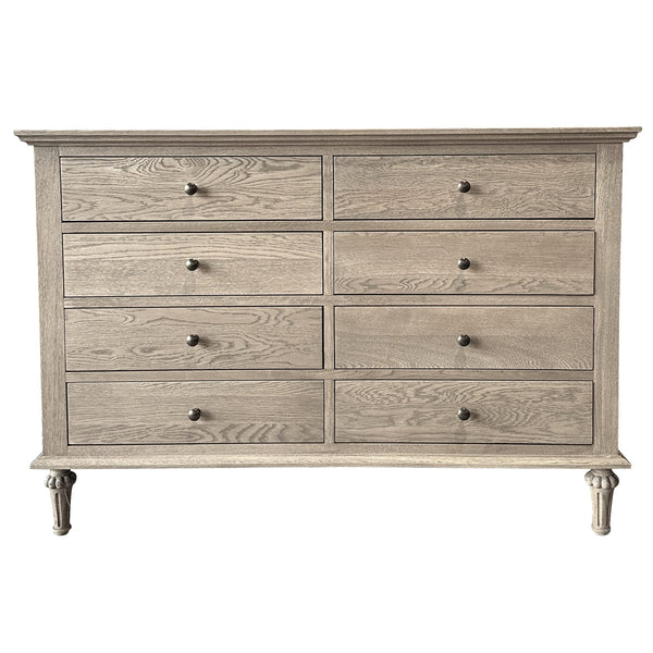Georgia 8 Drawer Dresser in dark oak with eight drawers, round knobs and carved legs