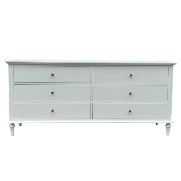 Georgia White 6 Drawer Dresser featuring six spacious drawers, round brass knobs and a classic Hamptons-inspired white finish.