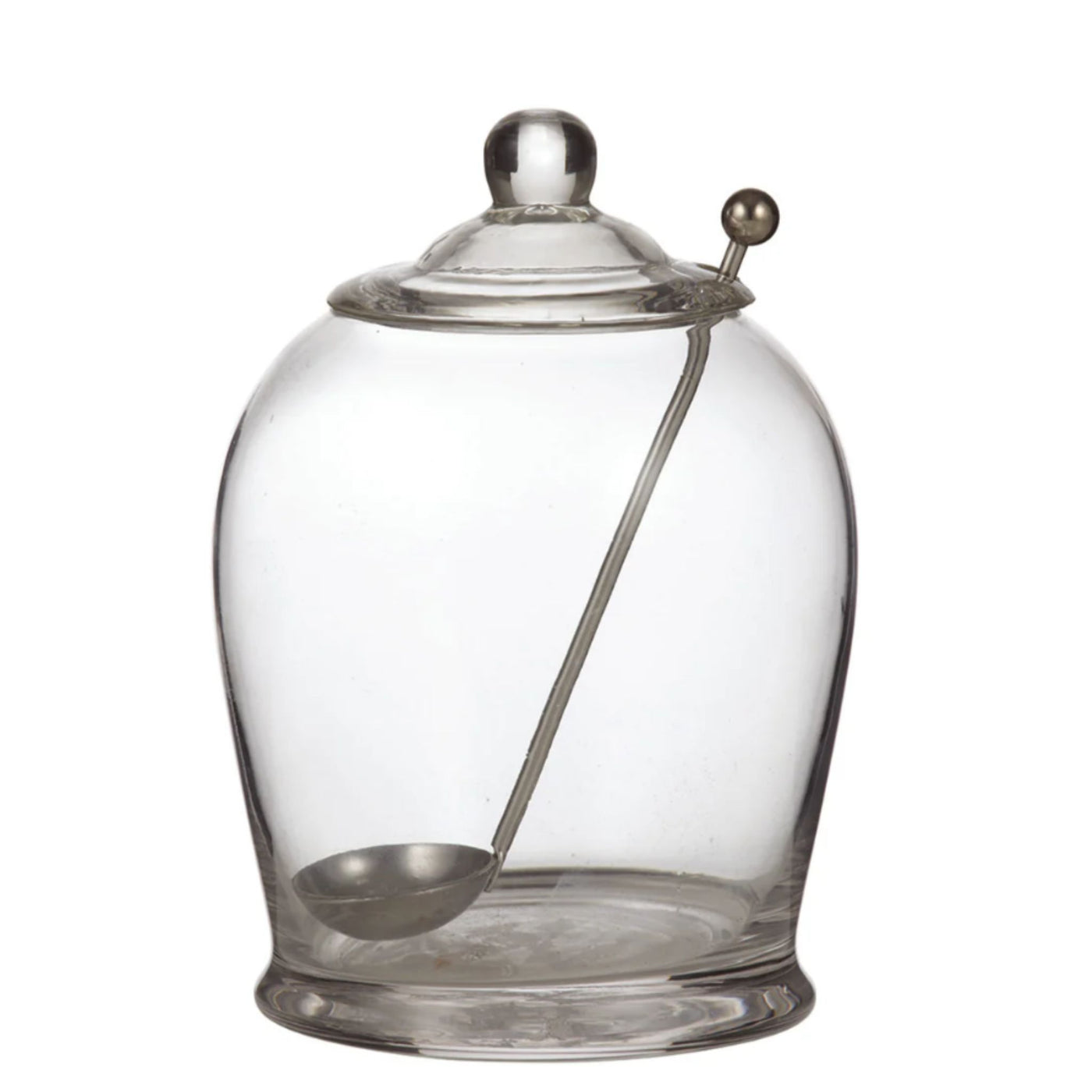clear glass olive jar with lid and metal serving spoon, elegant condiment jar for kitchen or entertaining, perfect for olives, pickles or preserves in a refined coastal style