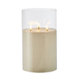 Clear glass LED candle with three realistic flickering flames and white wax finish for elegant coastal home styling.