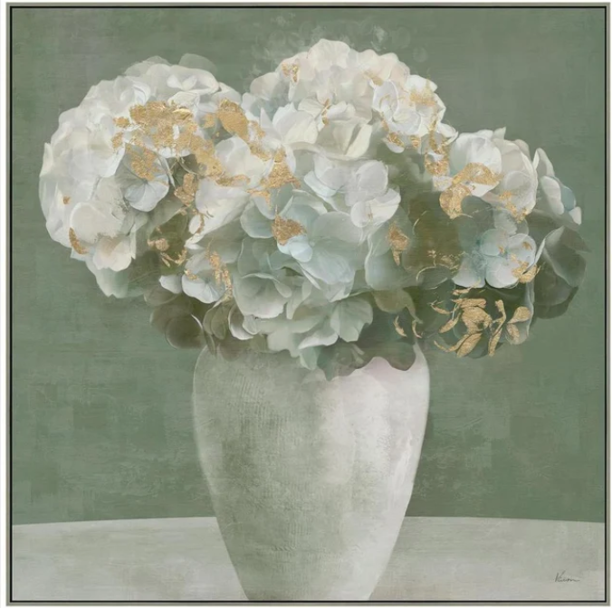 Golden Bloom Wall Art featuring white hydrangeas with delicate gold embellishments in a textured vase against a soft sage green background.