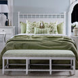 Grand Bahama King white faux bamboo bedhead styled in a Hamptons bedroom with green bedding, white furniture and coastal décor