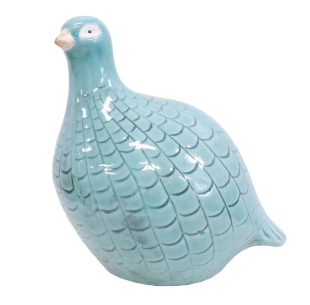 Porcelain guinea fowl ornament in aqua with crackle glaze and feather detailing.