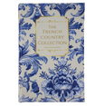The French Country Collection decorative book box with intricate cobalt blue botanical illustrations on a white cover and gold title detailing.