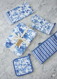 Hamptons kitchen linen set 3 piece with blue and white floral print including tea towel, oven mitt and pot holder for coastal kitchen decor
