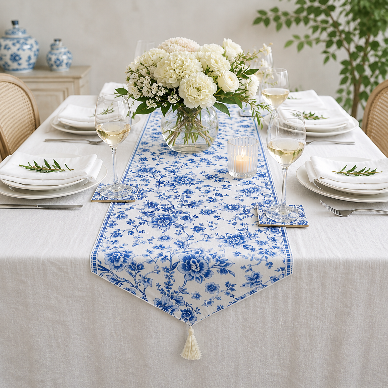Blue and white floral table runner styled on a coastal dining table with white flowers, wine glasses and layered white dinnerware