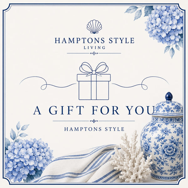Hamptons Style digital gift card featuring elegant blue coastal artwork and gift box illustration for every special occasion.