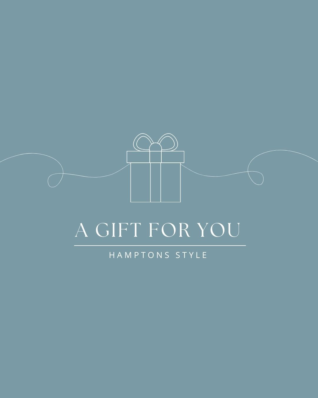 Hamptons Style gift card design with a simple white line illustration of a wrapped present on a blue background.