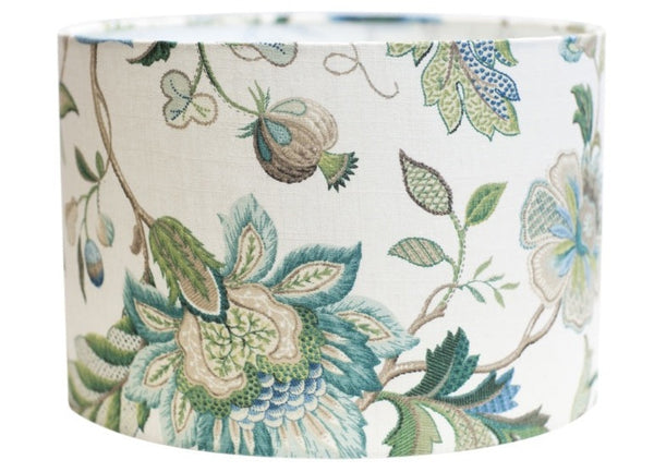 Handmade floral fabric lampshade in blue tones crafted on the Gold Coast, Australia