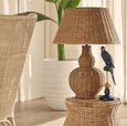 Hand-woven natural rattan table lamp showcasing intricate woven detailing and warm texture