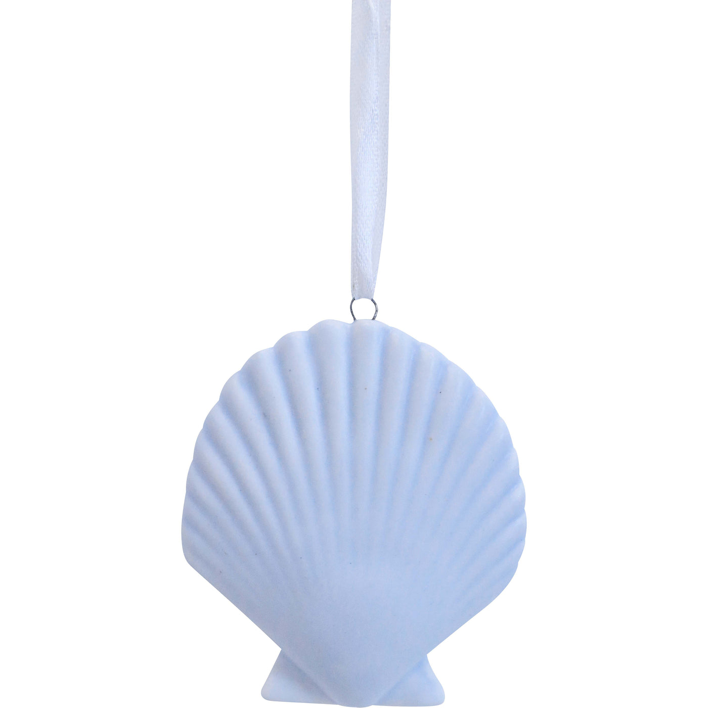Soft blue ceramic scallop shell ornament with white hanging ribbon