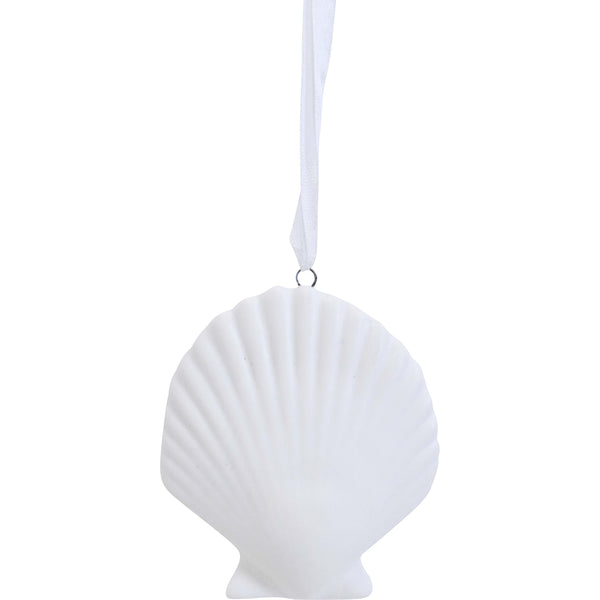 White ceramic scallop shell ornament with ridged detail and white hanging ribbon
