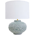 Harbour Seafoam Table Lamp with textured ceramic base in a soft seafoam glaze and white drum shade for Hamptons and coastal interiors.