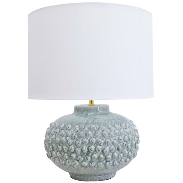 Harbour Seafoam Table Lamp with textured ceramic base in a soft seafoam glaze and white drum shade for Hamptons and coastal interiors.